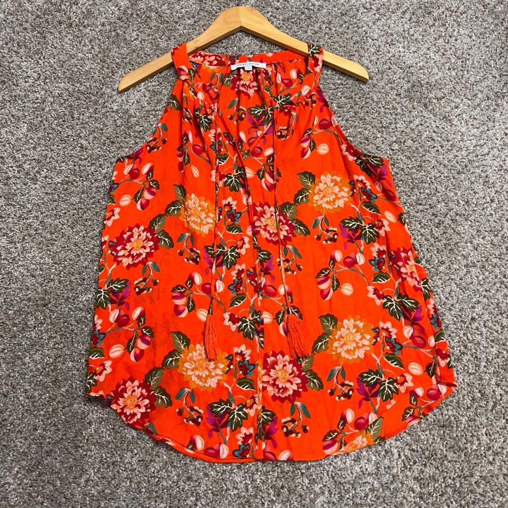 Rose + Olive Orange Floral Halter Sleeveless Blouse Tassel Tie Size L